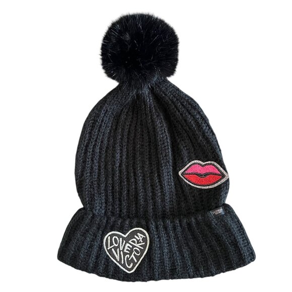 Victoria's Secret NEW Logo Patch Pom Pom Beanie Hat In Black - Picture 1 of 10